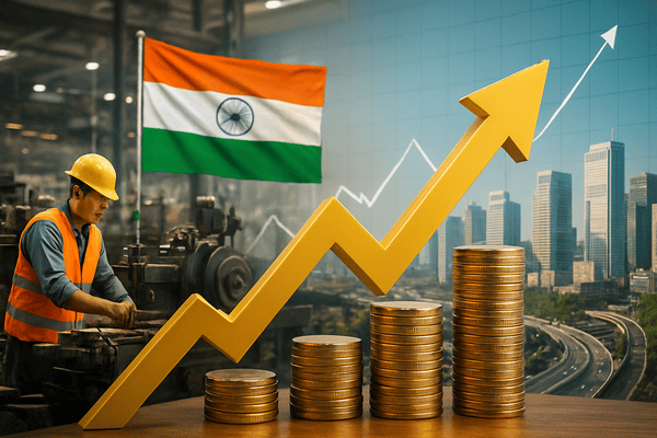 A realistic 16:9 photo showing India’s economic growth with a rising golden arrow over stacked coins, an Indian factory worker operating machinery, the Indian flag in the background, and a modern city skyline with an upward financial graph.