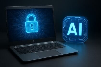 Sleek Tech Laptop with AI Symbol